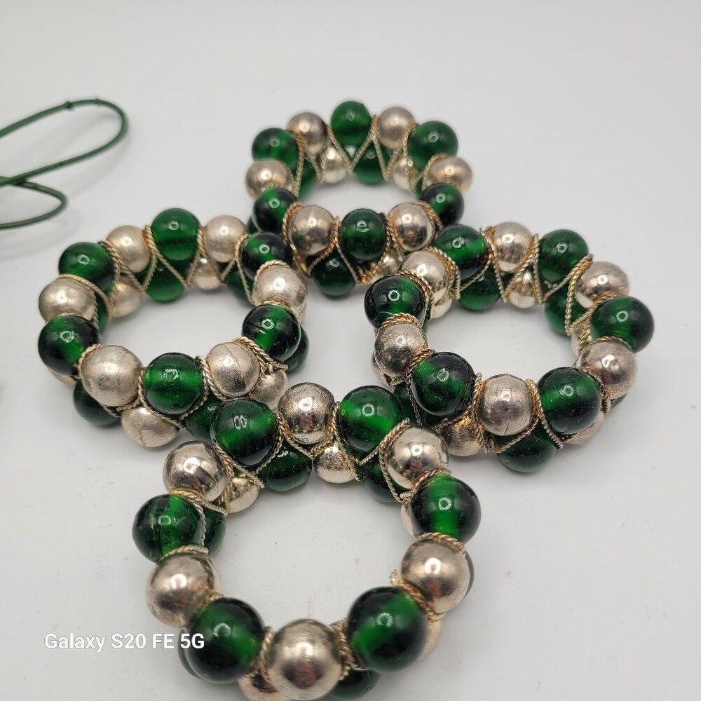 Green Glass and Metal Beaded Napkin Rings Set of